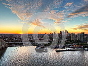 Aerial View of Sun Setting Behind Center City Philadelphia