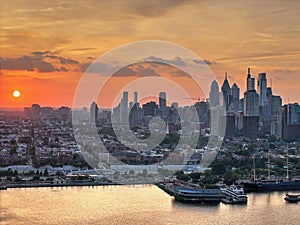 Aerial View of Sun Setting Behind Center City Philadelphia