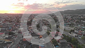 Aerial view the Sun of shanty town in rio de janeiro brazil