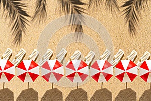 Aerial view of sunbed, umbrellas, shadow of a palm tree branch on sandy beach. Summer and travel concept. Minimalism.