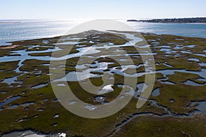 Aerial View of Sunlight and Salt Marsh on Cape Cod