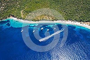 Aerial view of sunny Antisamos beach on the Kefalonia island, Ionian sea in summer, Greece. Travel vacation concept