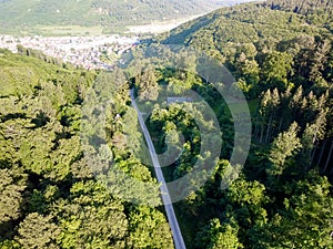 Aerial view of sunny day beautiful forest area with trees and road