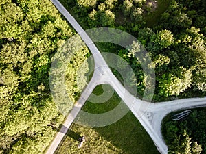 Aerial view of sunny day beautiful forest area with trees and road