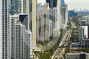 Aerial view of Sunny Isles Beach city with congested street traffic and luxurious highrise hotels and condos on Atlantic