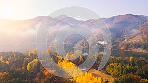 Aerial view. Sunrise Autumn at Nami island ,Seoul Korea