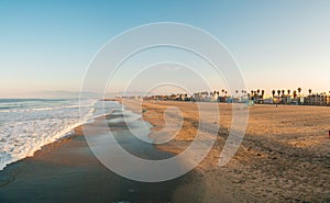 Aerial view of sunrise on a beach at Los Angeles