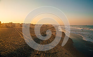 Aerial view of sunrise on a beach at Los Angeles