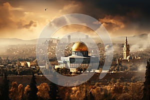 An aerial view of sunrise behind the dome of the rock and old city of jerusalem, israel, palestine