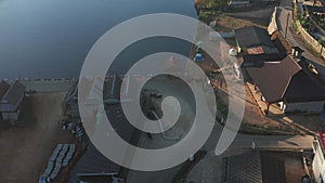 Aerial view of Sunrise with fog over Ban Rak thai, chinese village near a lake in Mae Hong Son, Thailand