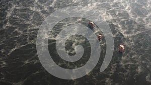 Aerial view of Sunrise with fog over Ban Rak thai, chinese village near a lake in Mae Hong Son, Thailand