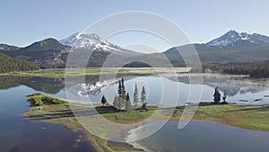 Aerial view of sunrise at Sparks Lake, Bend, Oregon, USA Drone panorama view of picturesque northwest natural landscape