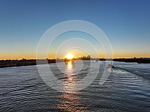 Aerial View of Sunset on the Delaware River Philadelphia