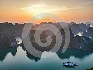 Aerial view of sunset at Halong Bay, Vietnam, Southeast Asia.