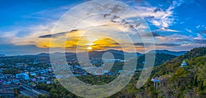 aerial view during sunset at Khao Rang the landmark viewpoint of Phuket