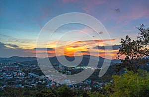 aerial view during sunset at Khao Rang the landmark viewpoint of Phuket