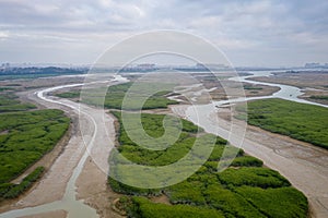 Aerial view of the sunset landscapes of nature reserve park at Luoyang Bridge, Quanzhou, China