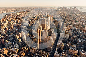 Aerial view at sunset of Manhattan including Midtown, Flatiron District, Chelsea, East Village and Lower Manhattan photo