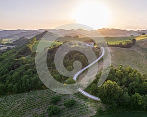 Aerial view of sunset at Marcher region in Italy