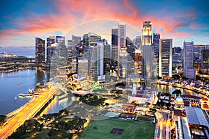 Aerial view of sunset at Marina Bay Singapore city skyline