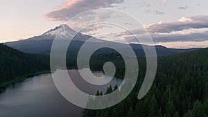 Aerial View Sunset Mount Hood and Trillium Lake at Mud Creek