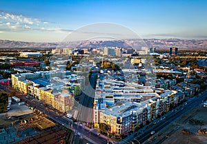 Aerial view of sunset over downtown San Jose in California photo