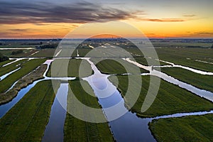 Aerial view of Sunset over Historic dutch Waterland