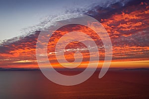 Aerial view of a sunset over the Mediterranean sea, Greece