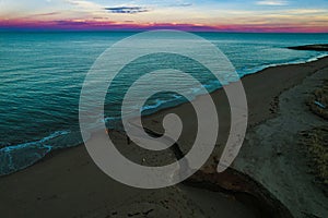 Aerial view of sunset over the Northumberland Strait in Cap Lumiere, New Brunswick, Canada