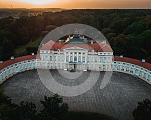 Aerial view of a sunset over Palace Rogalin in Poland