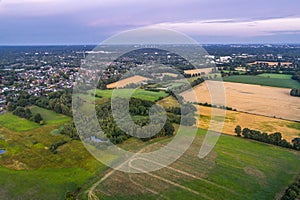 Aerial view of sunset over the summer park.