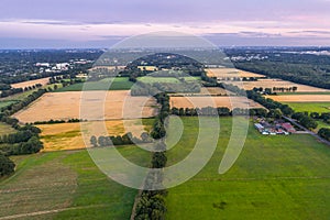 Aerial view of sunset over the summer park.