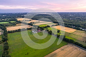 Aerial view of sunset over the summer park.