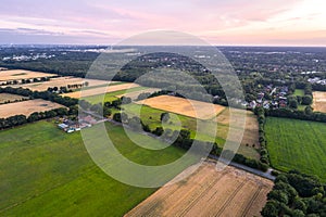 Aerial view of sunset over the summer park.