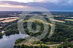 Aerial view of sunset over the summer park.