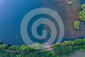 Aerial view of sunset over the summer park.