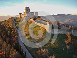 Aerial view at sunset on Rocca Major in Assisi in Umbria, Italy