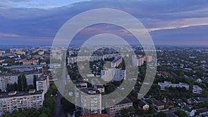 Aerial view of sunset in Zhytomyr city, Ukraine. Great sunrise