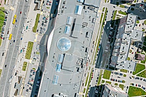 Aerial view of supermarket roof with skylights