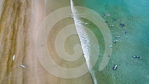 Aerial view of surfers waiting for waves off a tropical beach