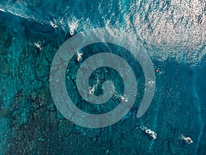 Aerial view of surfers and wave in blue clear ocean. Top view