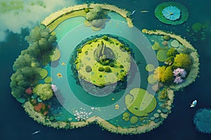 aerial view of a surreal float island with lily pads and blue waters, surrounded by greenery.