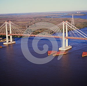 aerial view of the suspension bridge of zarate brazo largo, crossing the parana river province of buenos aires argentina photo