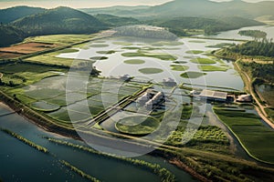 aerial view of sustainable fish farm in natural ponds