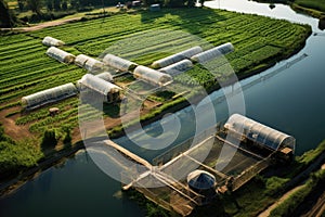 aerial view of sustainable fish farm in natural ponds