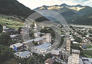 Aerial view of svan towers in Mestia, Georgia