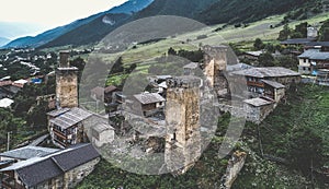 Aerial view of svan towers in Mestia, Georgia