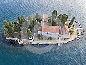 Aerial view of Sveti Dorde, Island of Saint George is one of the two islets off the coast of Perast, Bay of Kotor, Montenegro