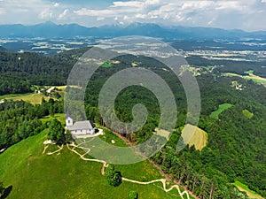 Aerial View of Sveti Jakob Hill with a Church on Top. Slovenia, Europe