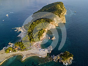 Aerial view of Sveti Nikola, Budva island, Montenegro. Jagged coasts with sheer cliffs overlooking the transparent sea